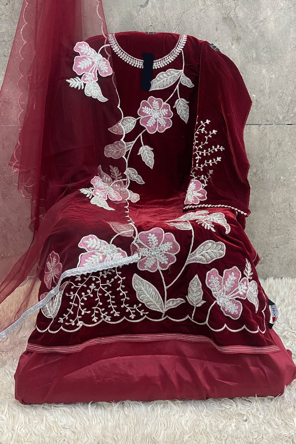Pure Velvet Maroon Embroidered Pakistani Salwar Kameez With Heavy Net Dupatta-2