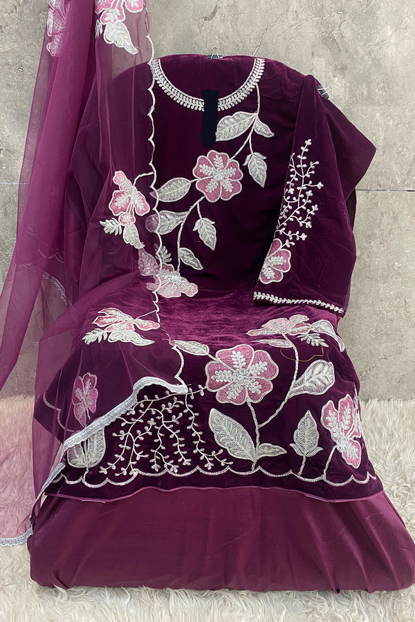 Pure Velvet Wine Embroidered Pakistani Salwar Kameez With Heavy Net Dupatta 1