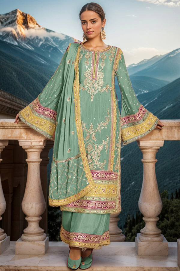 Rama Embroidered Wedding Wear Pakistani Palazzo Salwar Kameez With Attractive Dupatta-1