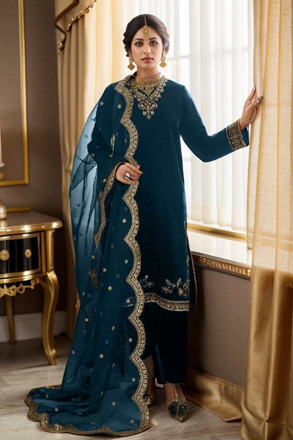 Rama Pakistani Pure Velvet Front & Back Work Salwar Kameez With Heavy Net Dupatta