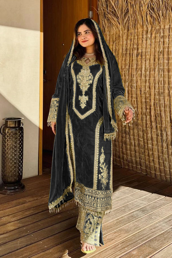 Ready To Wear Black Heavy Silk Chinon Pakistani Tunic Style With Lovely Dupatta Work-2