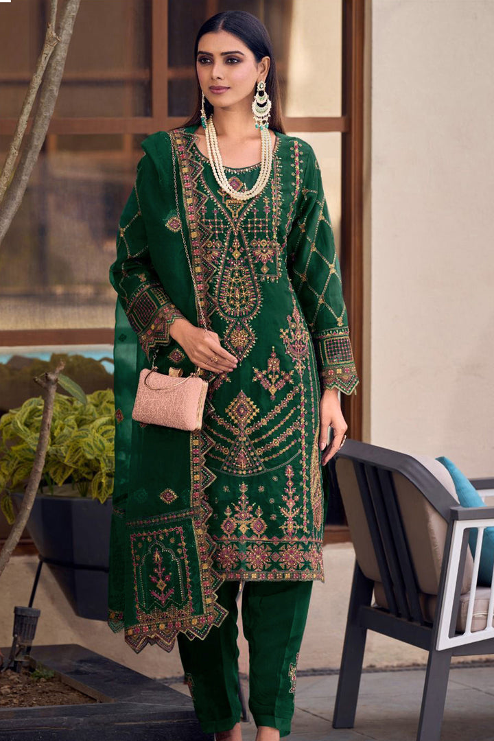 Ready To Wear Green New Pakistani Salwar Kameez With Heavy Net Dupatta