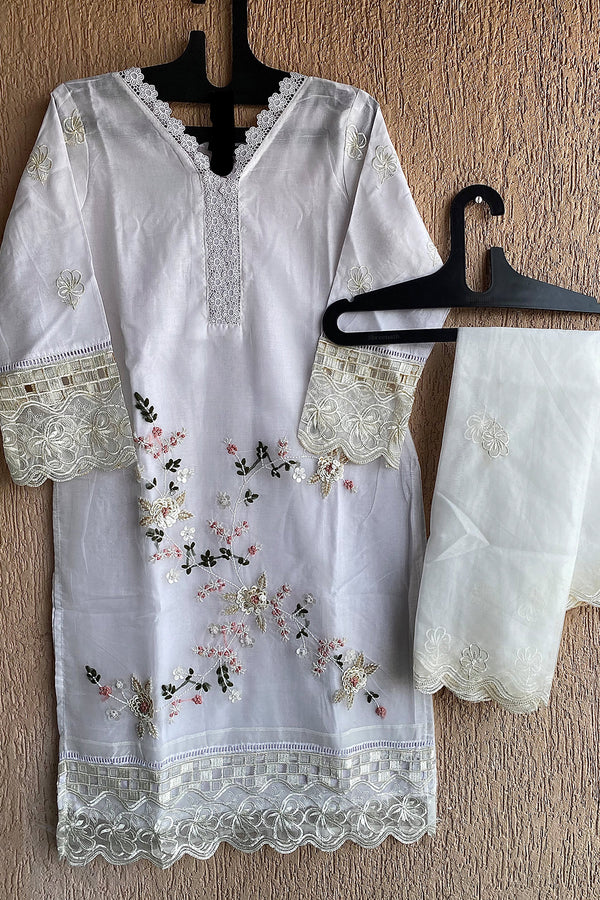 Ready To Wear Handwork Designer Cream Pakistani Tunic Style With Heavy Organza Dupatta