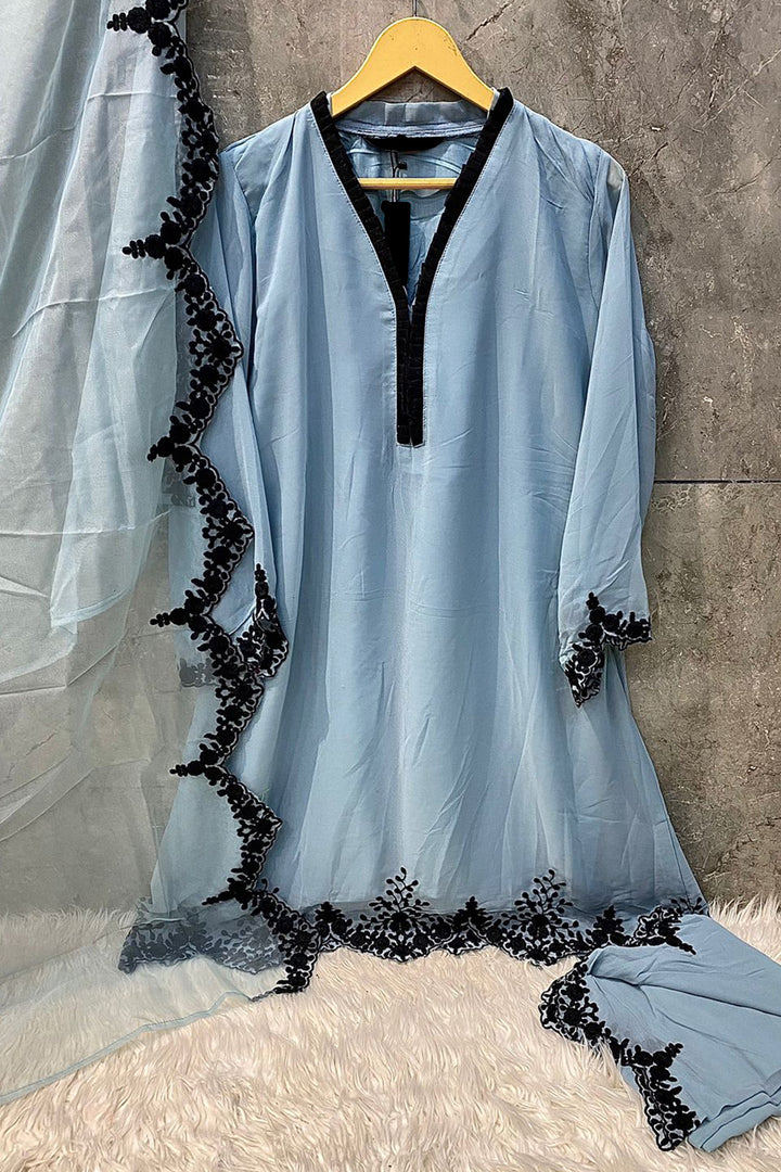 Ready To Wear Pakistani Frill Work Straight Cut Tunic Sky Blue WIth Black Embroidered Dupatta Work-1