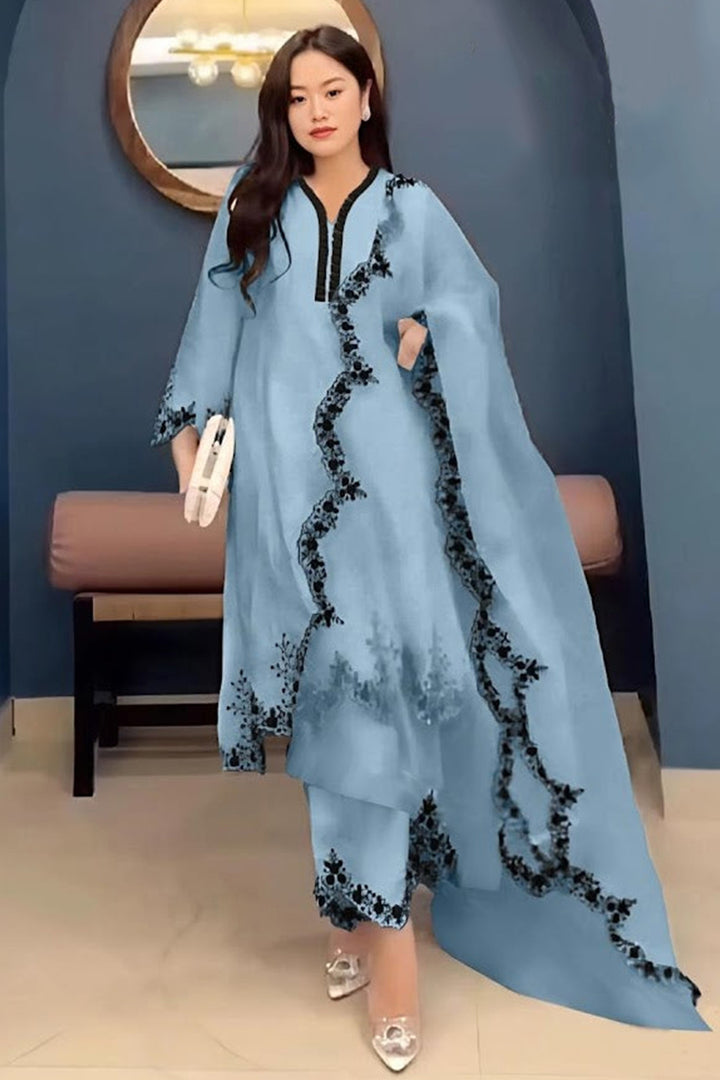 Ready To Wear Pakistani Frill Work Straight Cut Tunic Sky Blue WIth Black Embroidered Dupatta Work