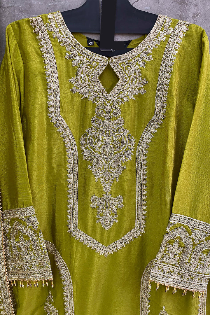 Ready To Wear Pista Heavy Silk Chinon Pakistani Tunic Style With Lovely Dupatta Work-1