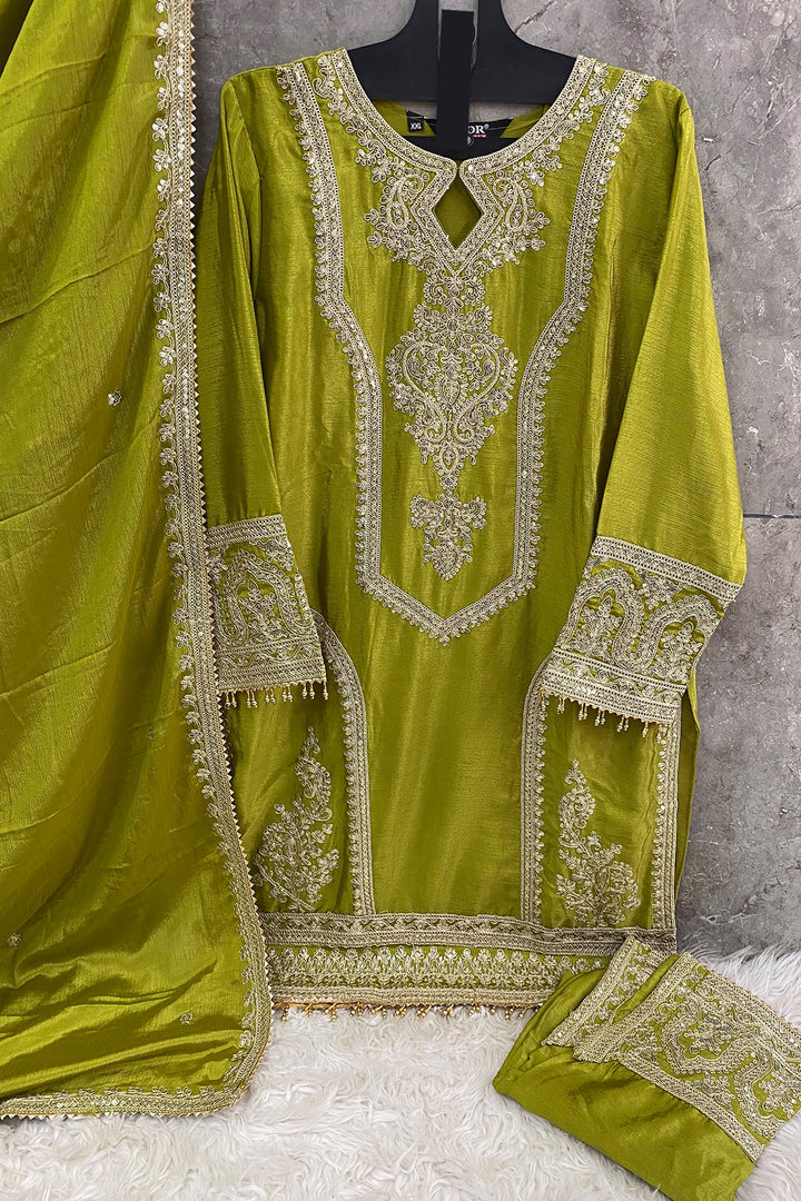 Ready To Wear Pista Heavy Silk Chinon Pakistani Tunic Style With Lovely Dupatta Work