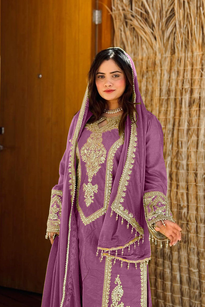 Ready To Wear Purple Heavy Silk Chinon Pakistani Tunic Style With Lovely Dupatta Work-1