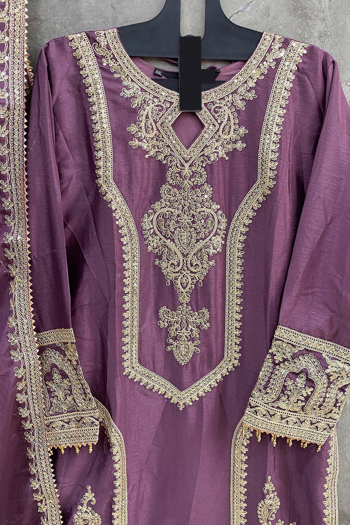 Ready To Wear Purple Heavy Silk Chinon Pakistani Tunic Style With Lovely Dupatta Work-2
