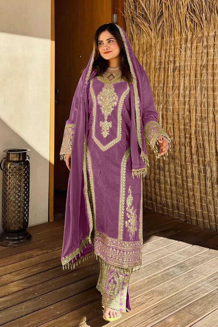 Ready To Wear Purple Heavy Silk Chinon Pakistani Tunic Style With Lovely Dupatta Work-4