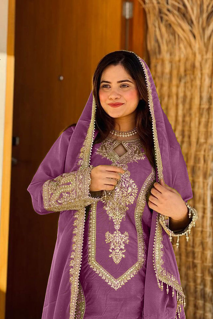 Ready To Wear Purple Heavy Silk Chinon Pakistani Tunic Style With Lovely Dupatta Work