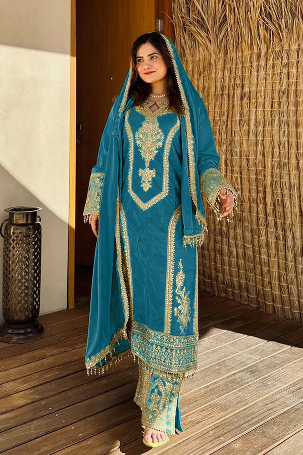 Ready To Wear Rama Heavy Silk Chinon Pakistani Tunic Style With Lovely Dupatta Work-3