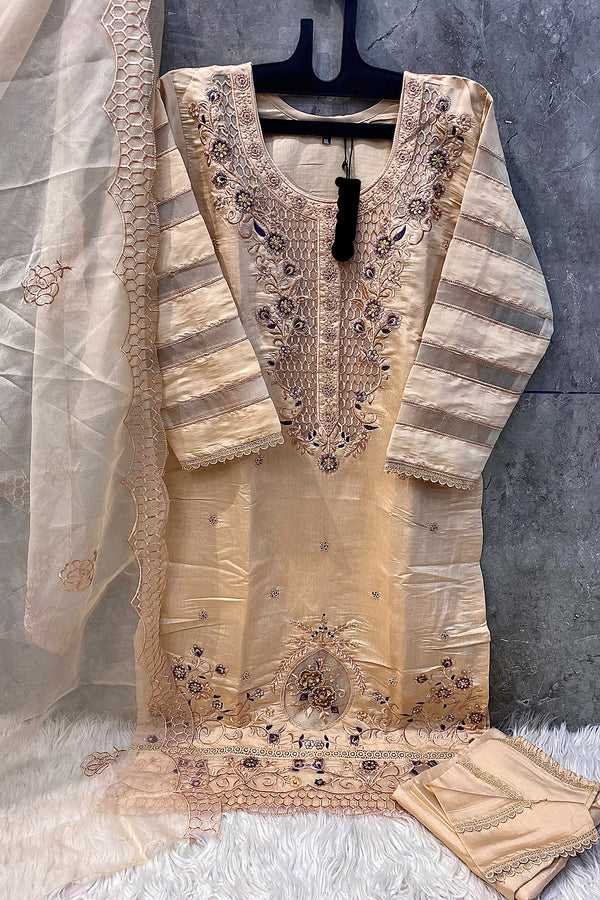 Ready To Wear Viscose Silk Light Orange Pakistani Salwar Kameez & Attractive Heavy Organza Dupatta