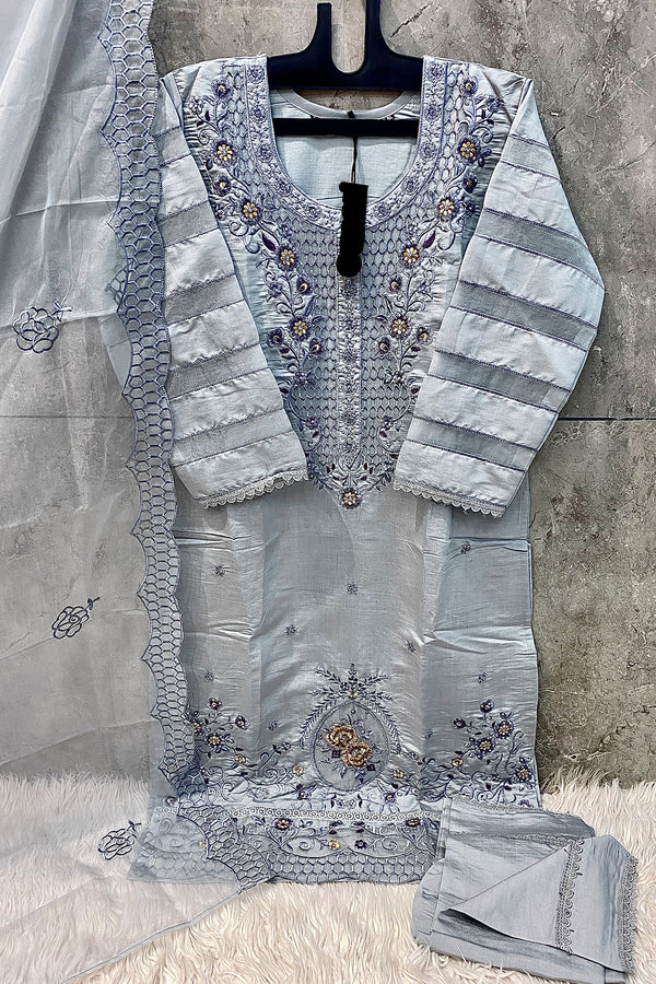 Ready To Wear Viscose Silk Light Sky Blue Pakistani Salwar Kameez & Attractive Heavy Organza Dupatta 1