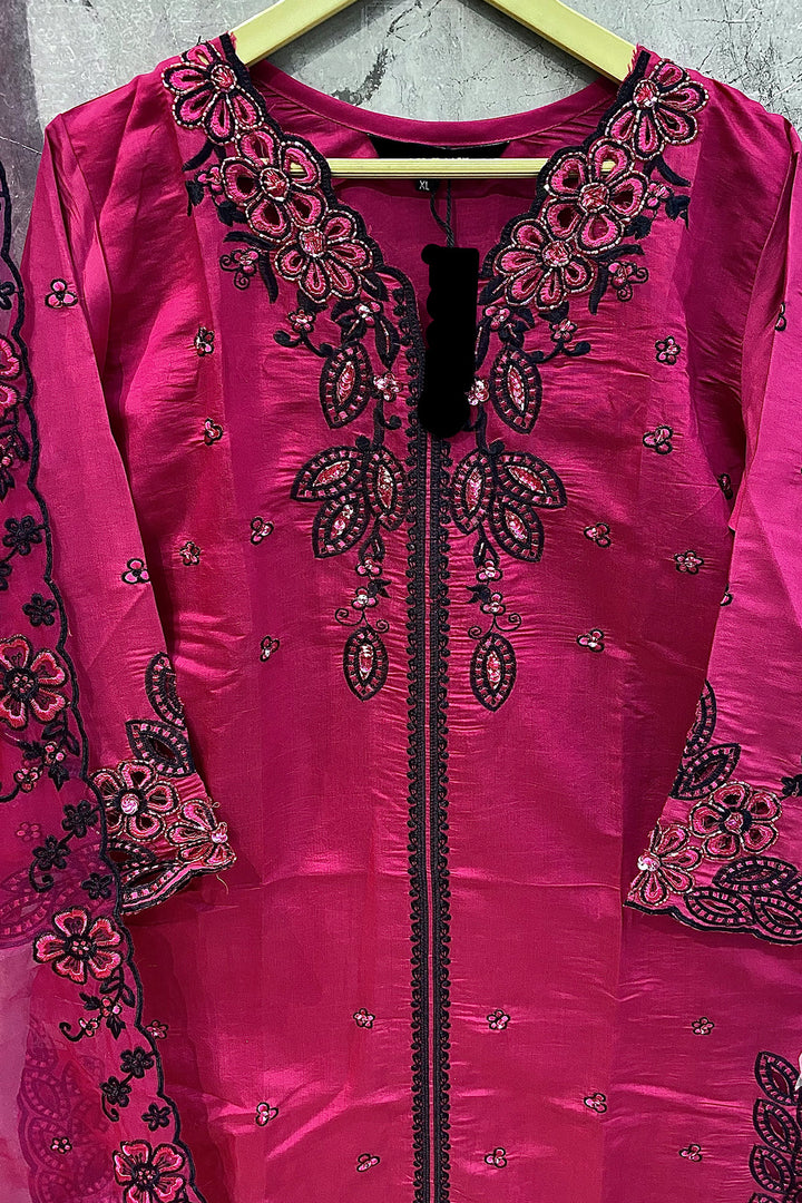 Ready To Wear Viscose Silk Pakistani Salwar Kameez Maroon With Organza Dupatta Embroidered-2