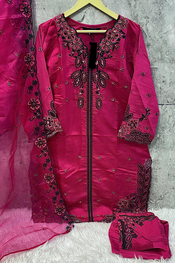 Ready To Wear Viscose Silk Pakistani Salwar Kameez Maroon With Organza Dupatta Embroidered-3