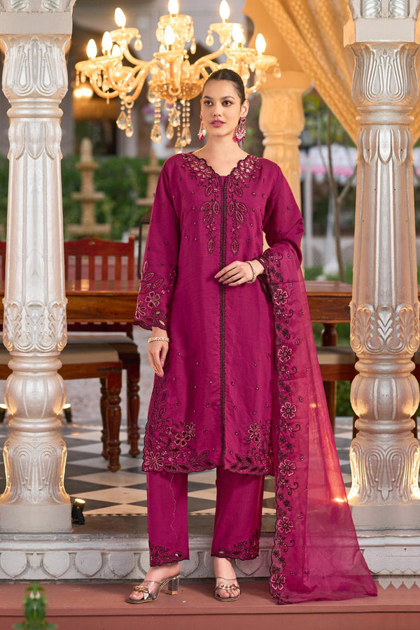 Ready To Wear Viscose Silk Pakistani Salwar Kameez Maroon With Organza Dupatta Embroidered 1
