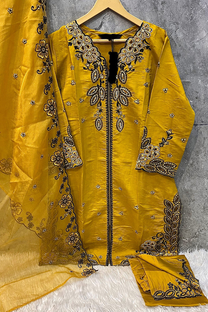 Ready To Wear Viscose Silk Pakistani Salwar Kameez Yellow With Organza Dupatta Embroidered-1