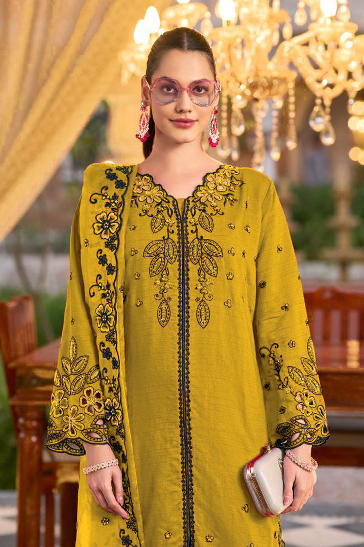 Ready To Wear Viscose Silk Pakistani Salwar Kameez Yellow With Organza Dupatta Embroidered