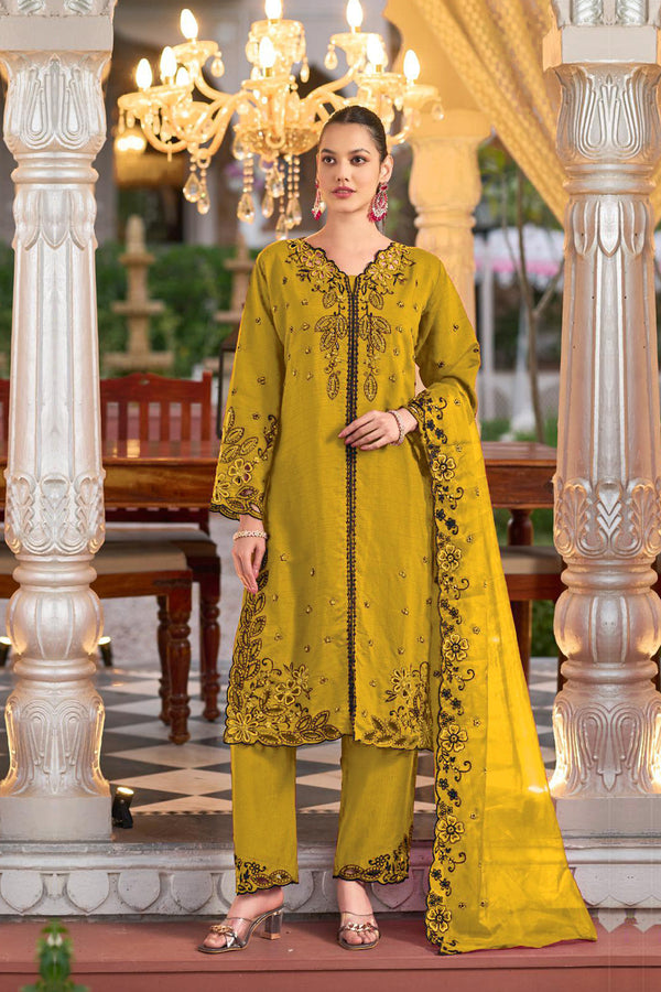 Ready To Wear Viscose Silk Pakistani Salwar Kameez Yellow With Organza Dupatta Embroidered