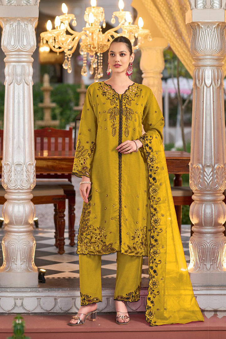 Ready To Wear Viscose Silk Pakistani Salwar Kameez Yellow With Organza Dupatta Embroidered