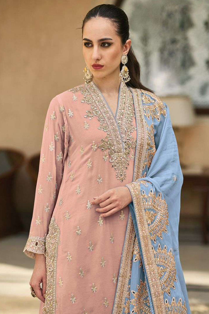 Ready to Wear Peach Ramzan Outfit Designer Pakistani Palazzo Style Suit With Contrast Dupatta-1