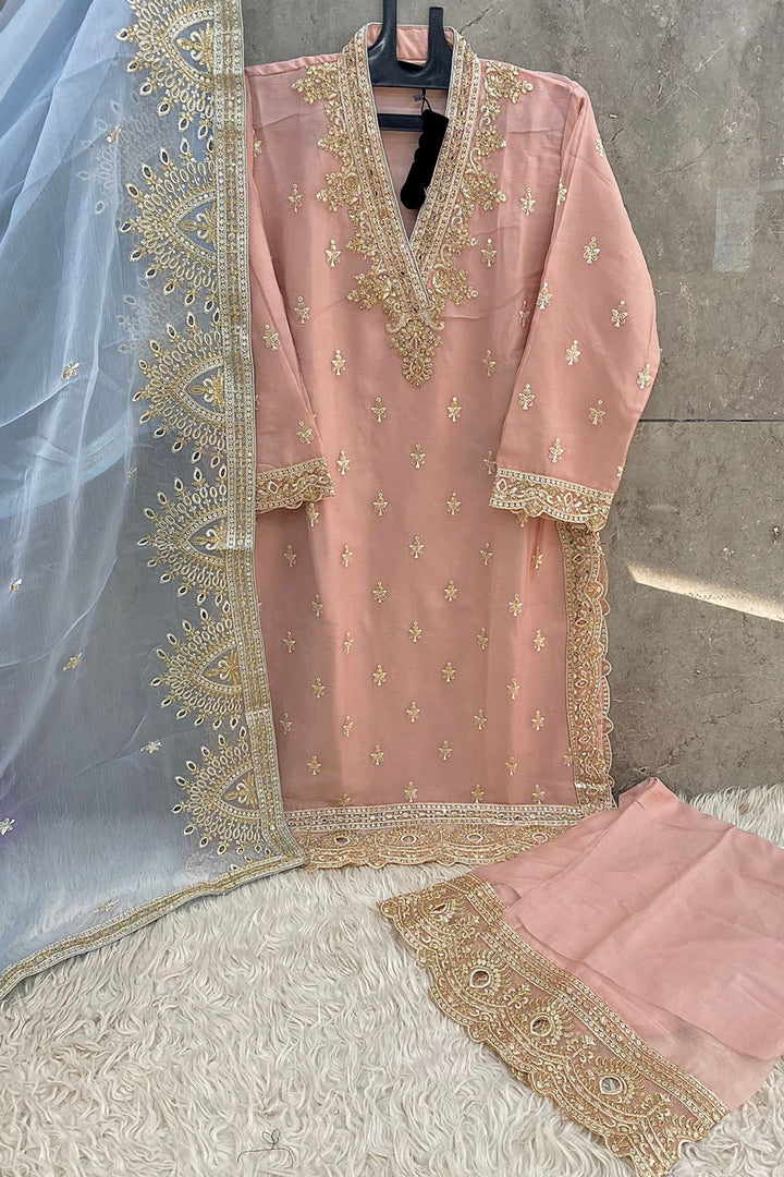 Ready to Wear Peach Ramzan Outfit Designer Pakistani Palazzo Style Suit With Contrast Dupatta-2