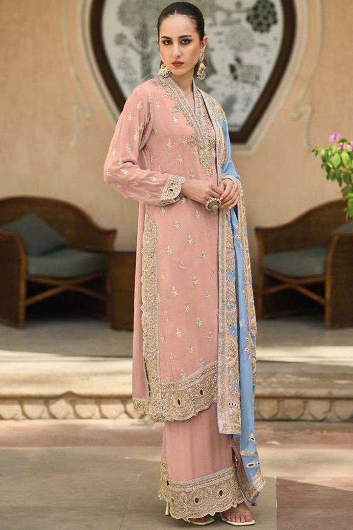 Ready to Wear Peach Ramzan Outfit Designer Pakistani Palazzo Style Suit With Contrast Dupatta