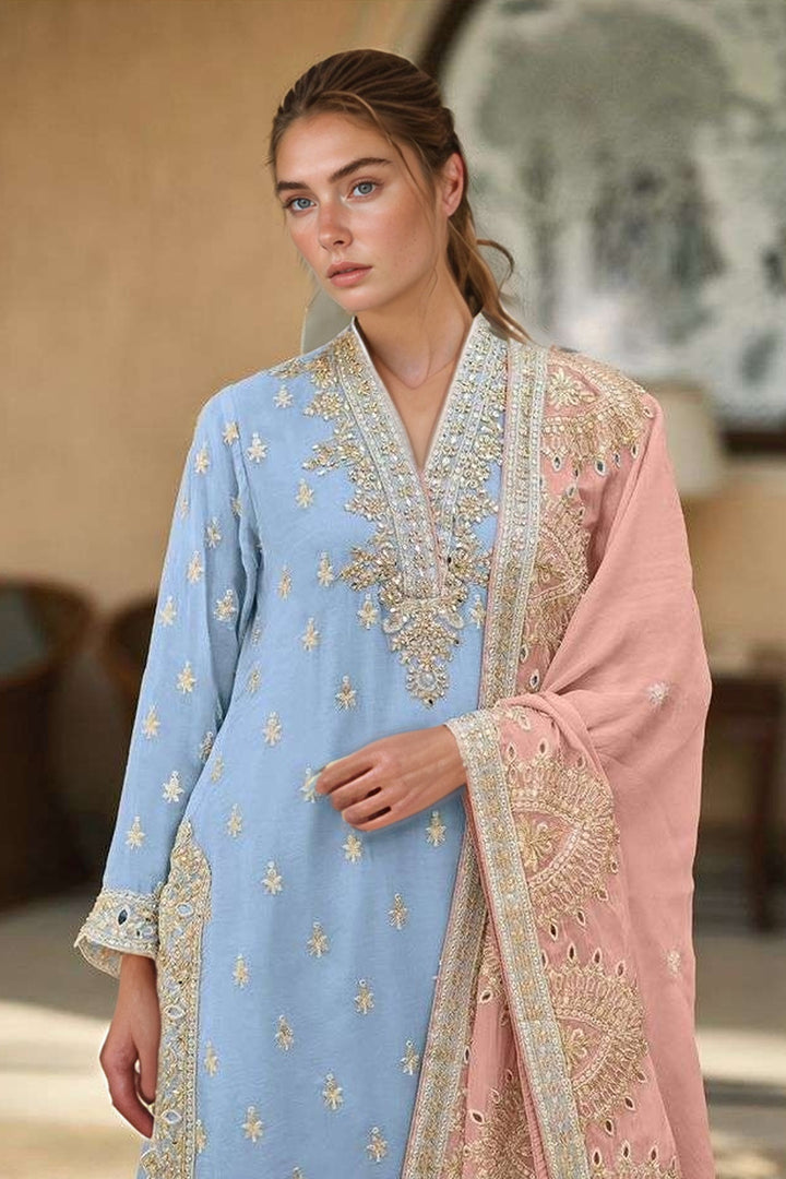 Ready to Wear Sky Blue Ramzan Outfit Designer Pakistani Palazzo Style Suit With Contrast Dupatta-1