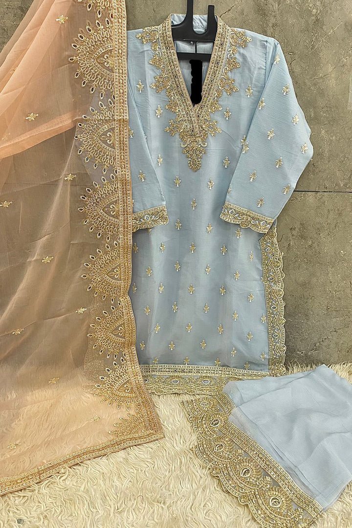 Ready to Wear Sky Blue Ramzan Outfit Designer Pakistani Palazzo Style Suit With Contrast Dupatta-2
