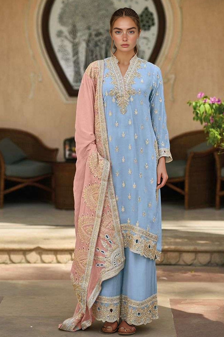 Ready to Wear Sky Blue Ramzan Outfit Designer Pakistani Palazzo Style Suit With Contrast Dupatta