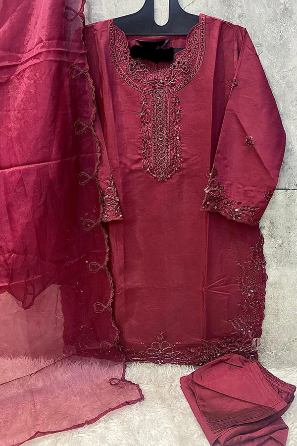 Readymade Cherry Red Pakistani Tunic Viscose Silk With Organza Dupatta Work