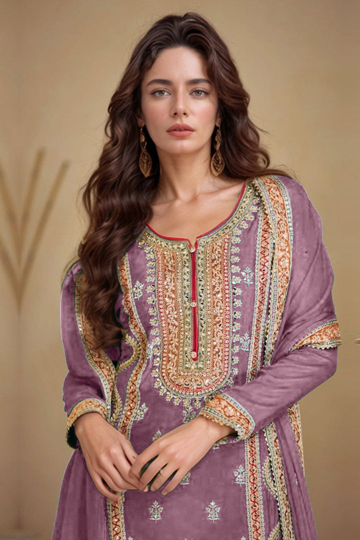 Readymade Pakistani Palazzo Silk Chinon Dusty Mirror Work With Embroidery & Less Work Dupatta-1