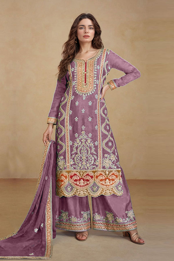 Readymade Pakistani Palazzo Silk Chinon Dusty Mirror Work With Embroidery & Less Work Dupatta-2