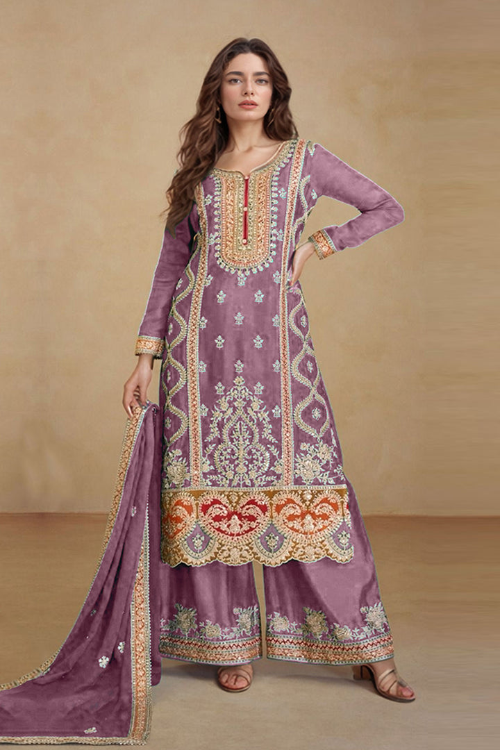 Readymade Pakistani Palazzo Silk Chinon Dusty Mirror Work With Embroidery & Less Work Dupatta-2