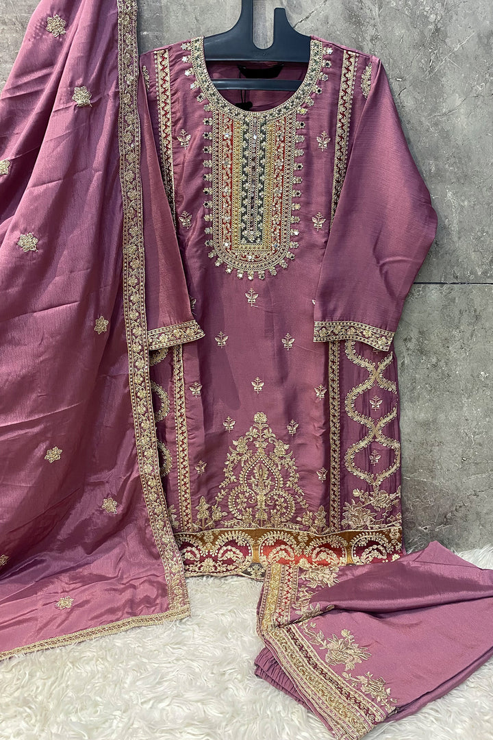 Readymade Pakistani Palazzo Silk Chinon Dusty Mirror Work With Embroidery & Less Work Dupatta-3