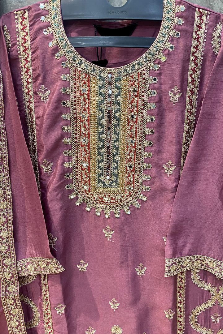 Readymade Pakistani Palazzo Silk Chinon Dusty Mirror Work With Embroidery & Less Work Dupatta