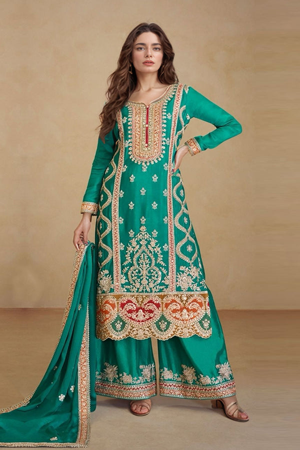 Readymade Pakistani Palazzo Silk Chinon Rama Mirror Work With Embroidery & Less Work Dupatta-1