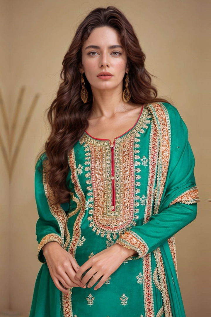 Readymade Pakistani Palazzo Silk Chinon Rama Mirror Work With Embroidery & Less Work Dupatta-2