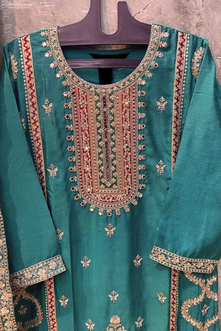 Readymade Pakistani Palazzo Silk Chinon Rama Mirror Work With Embroidery & Less Work Dupatta-3