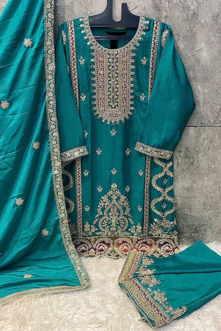 Readymade Pakistani Palazzo Silk Chinon Rama Mirror Work With Embroidery & Less Work Dupatta