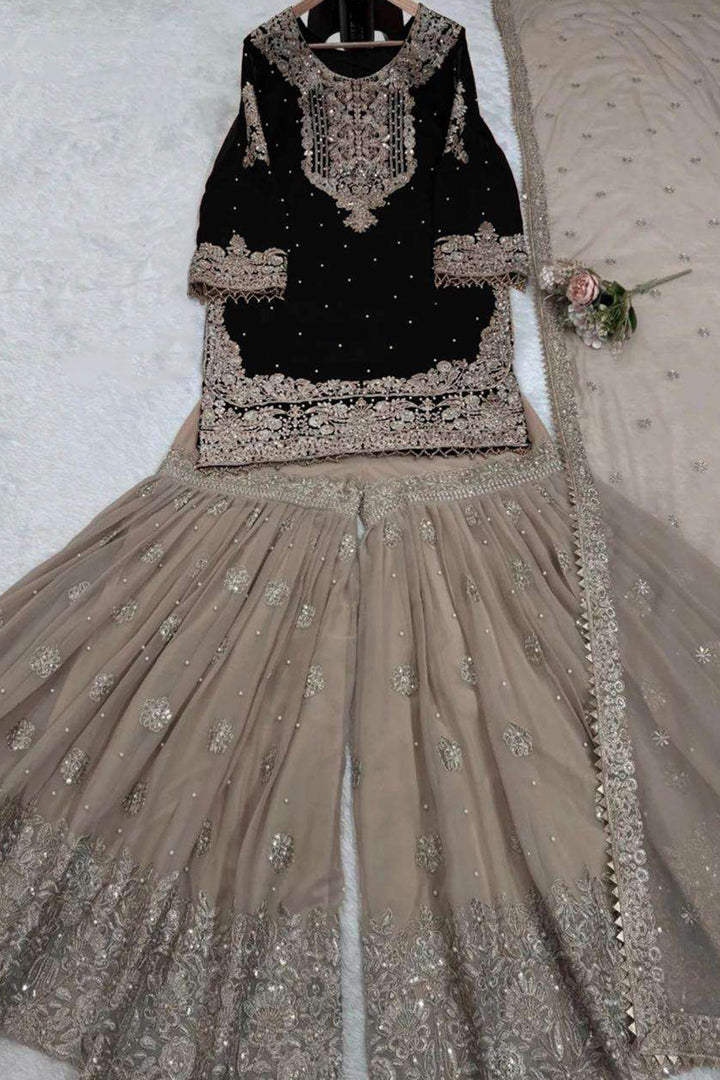 Readymade Wedding Wear Black Georgette With Coding And Sequence With Pearl Work Designer Sharara Suit-2