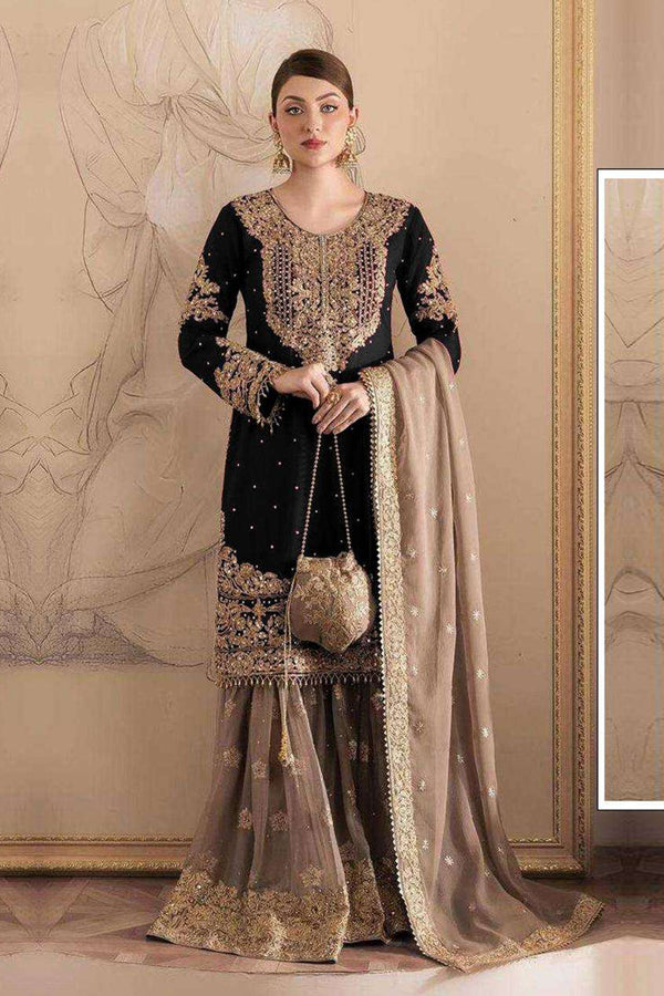 Readymade Wedding Wear Black Georgette With Coding And Sequence With Pearl Work Designer Sharara Suit