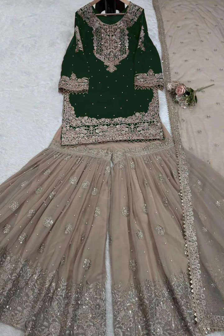 Readymade Wedding Wear Green Georgette With Coding And Sequence With Pearl Work Designer Sharara Suit-2