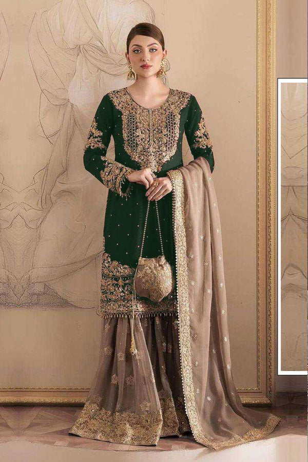 Readymade Wedding Wear Green Georgette With Coding And Sequence With Pearl Work Designer Sharara Suit