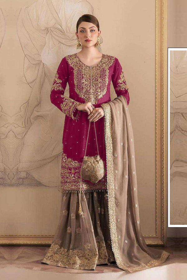 Readymade Wedding Wear Maroon Georgette With Coding And Sequence With Pearl Work Designer Sharara Suit