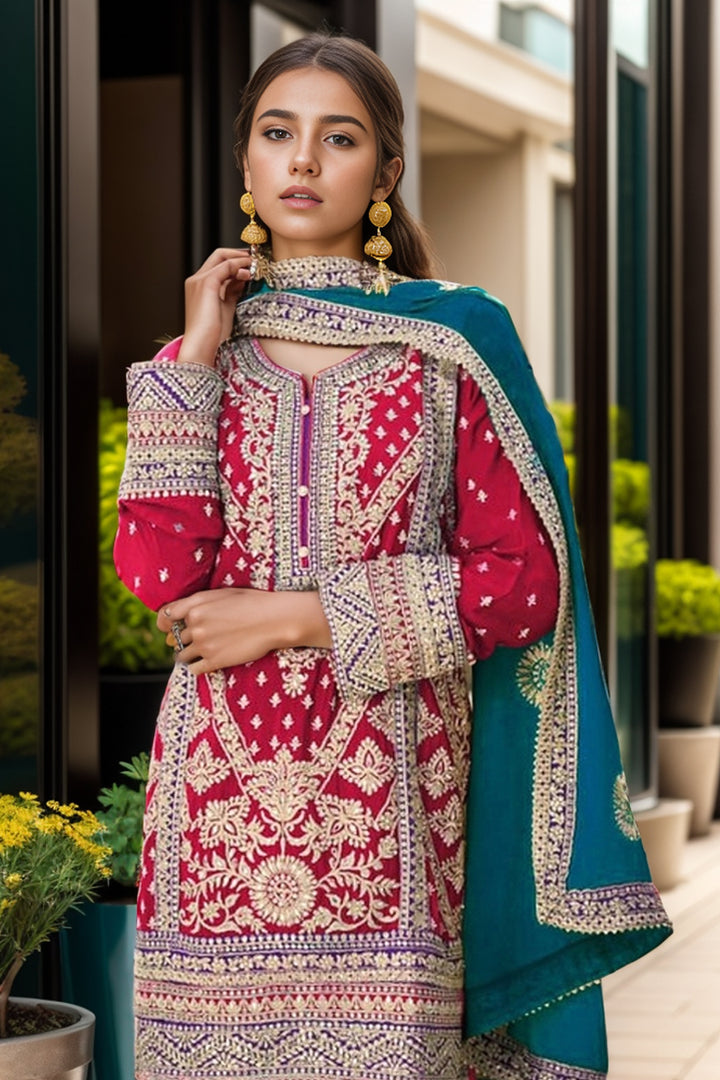 Red Marriage Wear Pakistani Palazzo Salwar Kameez With Contrast Heavy Work Dupatta-3