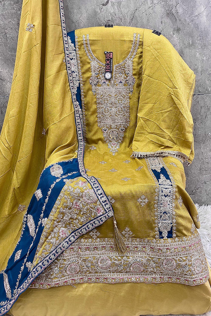 Silk Chinon Teal Yellow Mirror Work Pakistani Salwar Kameez With Multicolor Dupatta Work-3