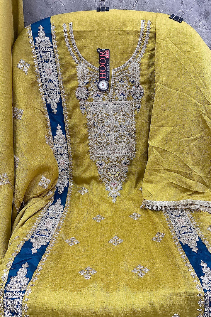 Silk Chinon Teal Yellow Mirror Work Pakistani Salwar Kameez With Multicolor Dupatta Work-4