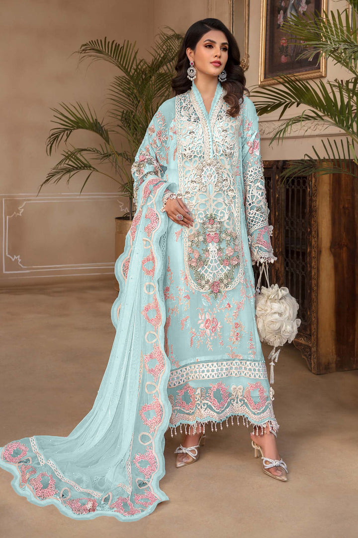 Sky Blue Color Pakistani Salwar Kameez With Heavy Embroidery & Frill Work Dupatta 4